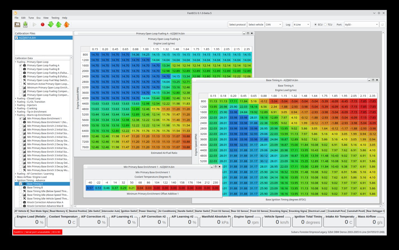 FastECU's calibration editor showing heatmap-colored fueling and ignition timing maps